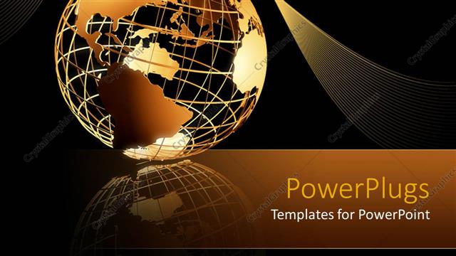  Presentation with band - Transparent golden 3D globe on mirrored floor with golden waving band on black background