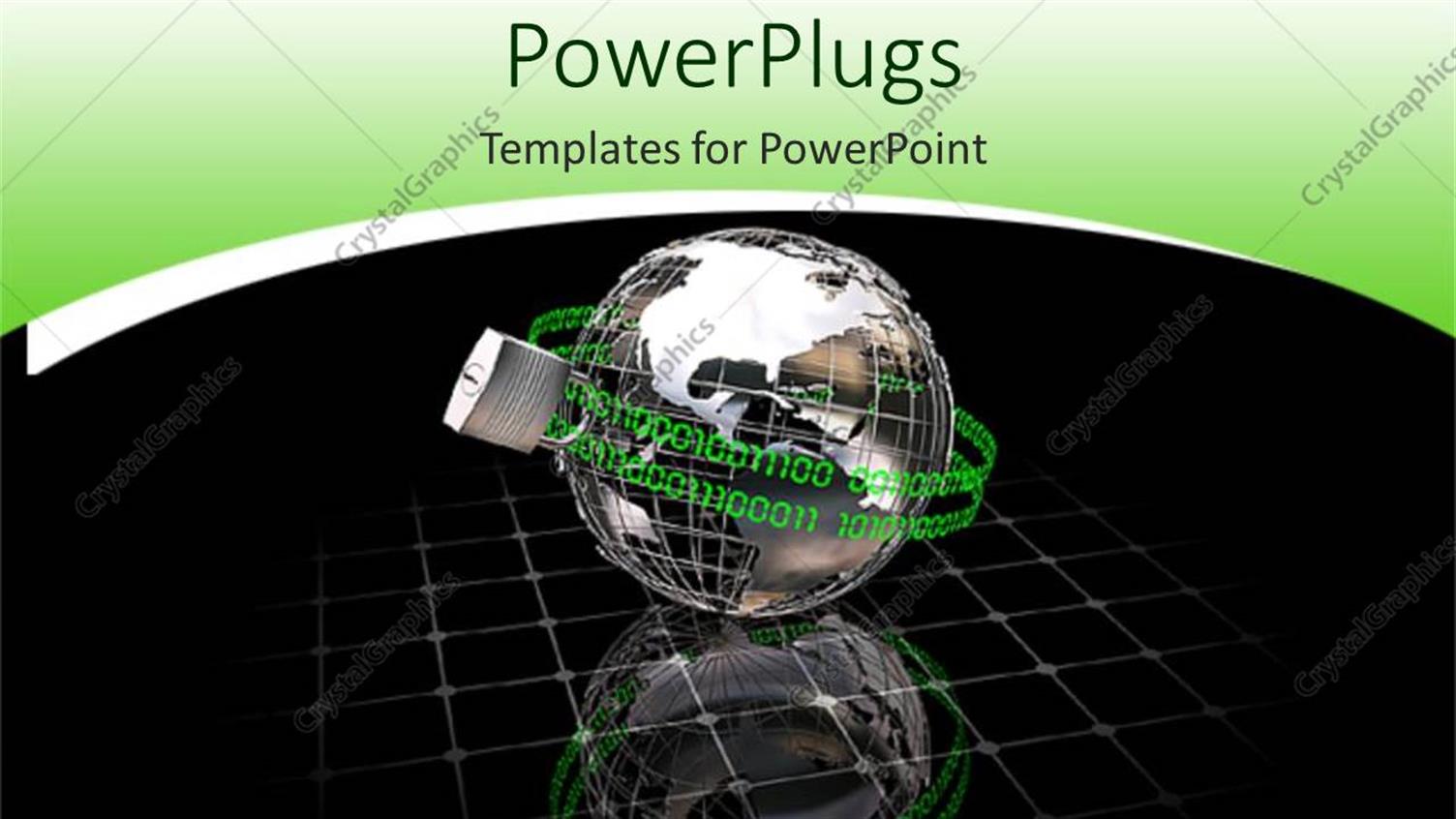 Featuring Transparent Metallic Silver Globe Surrounded by Codes and Locked with Silver Steel Lock on Black Surface and Green Background
