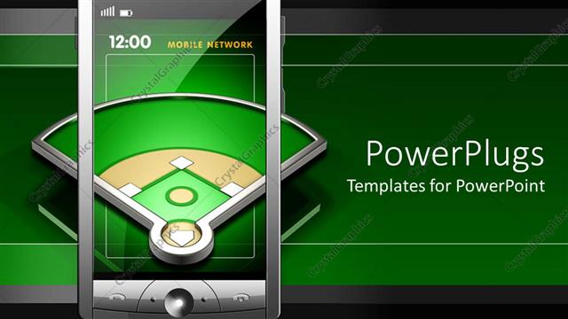  Presentation with baseball - Transparent screen touch screen smartphone showing baseball playground on dark green and black background