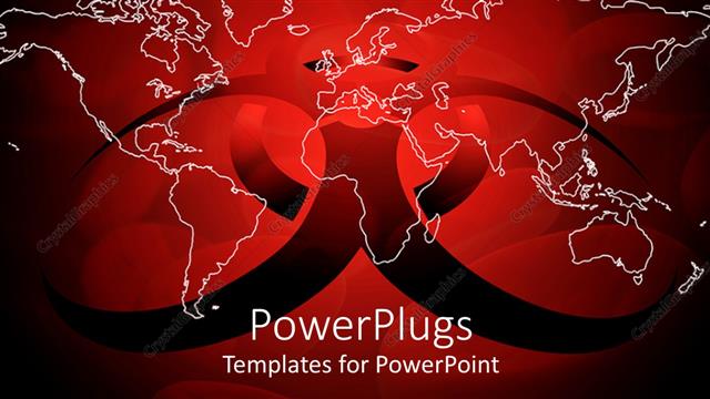  Presentation with world map - Transparent World map in white margins on dark red virus sign on red background