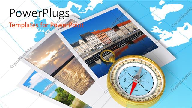  Presentation with world travel - Travel depictions and golden compass over blue world map