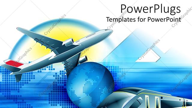  Presentation with travel - Travel theme with modern train and flying airplane and blue Planet Earth in the center