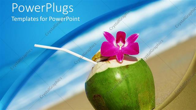  Presentation with cocktail - Tropical cocktail with pink orchid close up on sandy beach