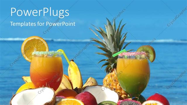  Presentation with vacation - Tropical fruits and two cocktails on beach, vacation, travel, island