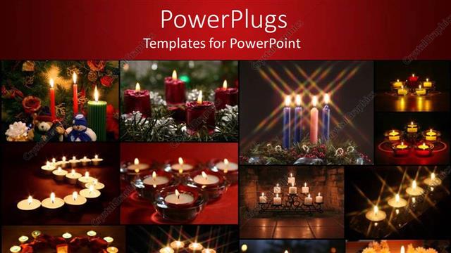  Presentation with lit candles - Twelve colorful tiles with lit candles on a red background