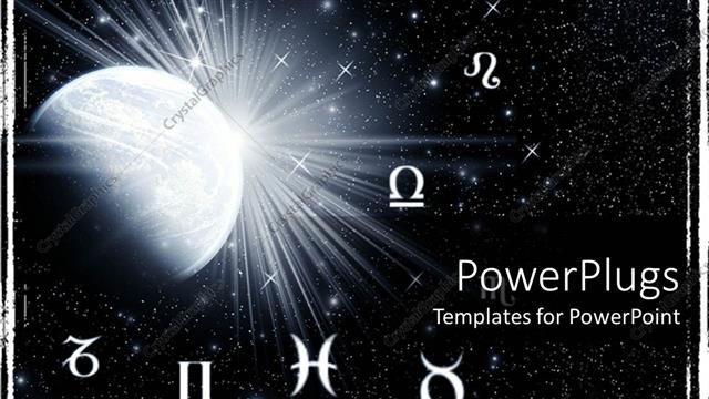  Presentation with astrology - Twelve zodiac symbols around the planet on a starry galaxy black background