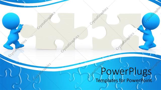  Presentation with blue puzzle pieces - Two 3D blue figures assembling white jigsaw puzzle pieces