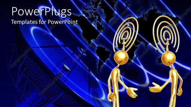  Presentation with satellite - Two 3D golden figures offering hand to each other with thinking satellite depiction above their head, satellite telecommunication transmitter and world map on dark blue background