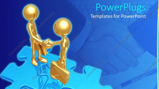  Presentation with blue puzzle pieces - Two 3D golden figures with suitcase shaking hands standing on light blue puzzle pieces and two shaking hands over paper and pen in the background