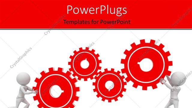  Presentation with human - Two 3d human characters pushing four red colored gears