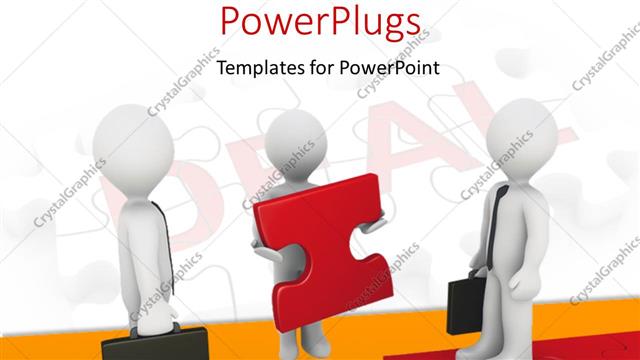  Presentation with complete puzzle - Two 3D men with briefcases and third man holding red puzzle piece
