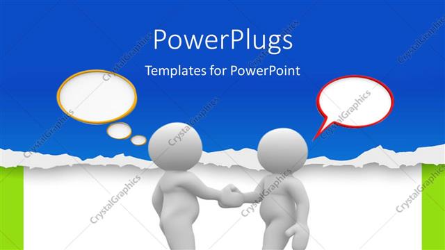  Presentation with hands - Two 3D men with speech bubbles shake hands over white background