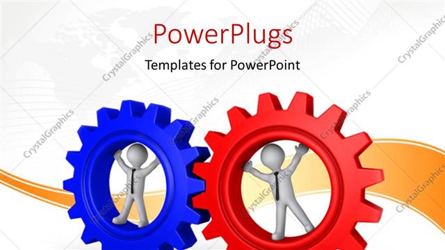  Presentation with connection - Two 3D men standing inside red and blue connected cogwheels