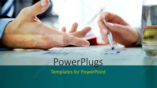  Presentation with hands holding - Two adult business hands holding a pen on some documents