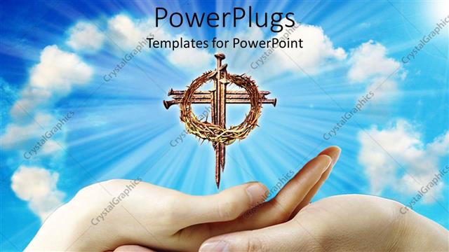  Presentation with religion - Two adult hands placed on each other with a small cross over them