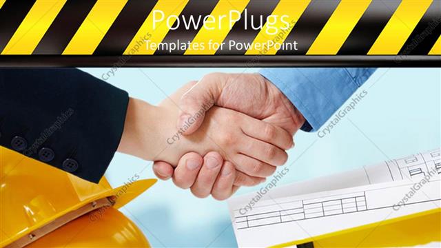  Presentation with construction materials - Two adult hands shaking hands with construction caps and materials