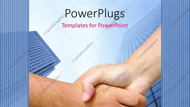  Presentation with tall - Two adult hands shaking under a tall sky scrapper