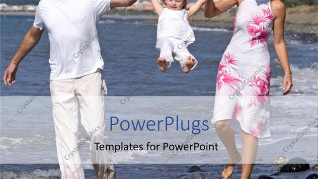  Presentation with travel - Two adults and a baby walking on a beach