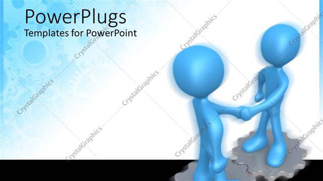  Presentation with shaking hands - Two animated blue human figures shaking hands standing on gears