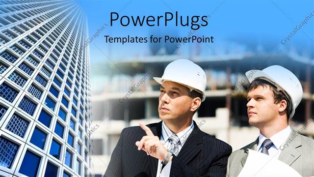  Presentation with architects - Two architects holding building blueprints in construction site with office buildings