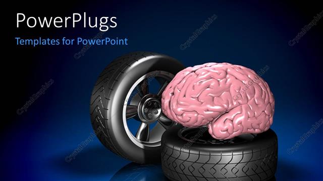  Presentation with blue brain - Two automotive wheel with human brain on blue background
