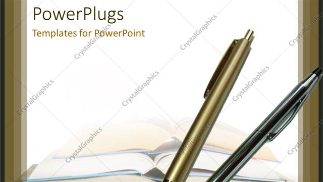  Presentation with pile - Two ballpoint pens with pile of open books on laptop computer