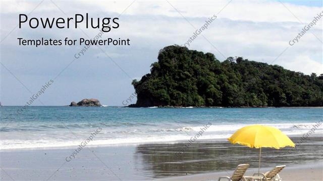  Presentation with chairs - Two beach chairs and a yellow umbrella on the shores of a beach