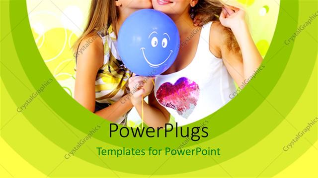  Presentation with balloon - Two beautiful sisters with blue smiley balloon over green background?