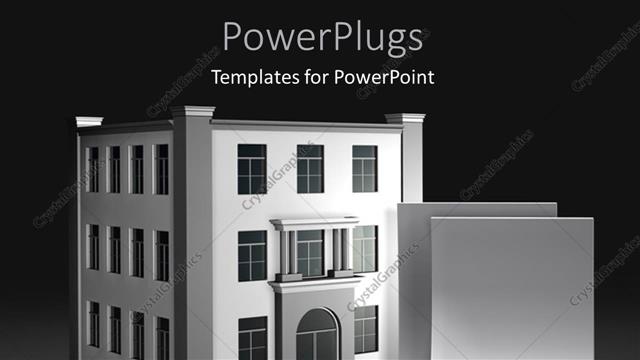  Presentation with property - Two blank documents standing upright in front of three-story office with black color