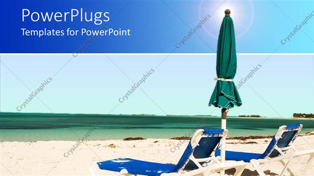  Presentation with sea shore - Two blue beach chairs with an umbrella on a sea shore