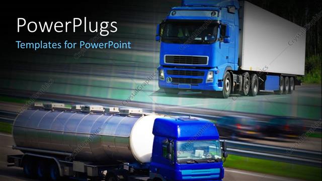  Presentation with two roads - Two blue colored trucks moving fast on tarred roads