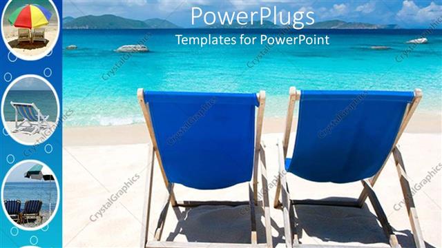  Presentation with lounge - Two blue lounge chairs on beach, with umbrella, feet in sand, vacation, travel, tropical, island