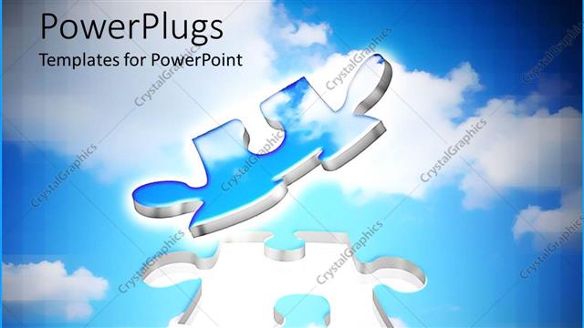  Presentation with blue puzzle pieces - Two blue and silver colored floating puzzle pieces on a cloudy background