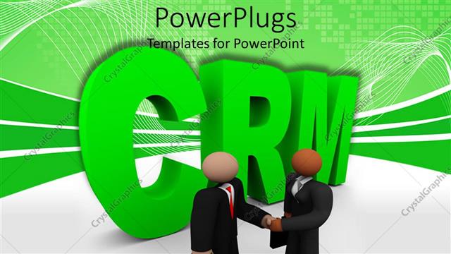 Presentation with human relationship - Two business human figures shaking hands in front of a CRM text