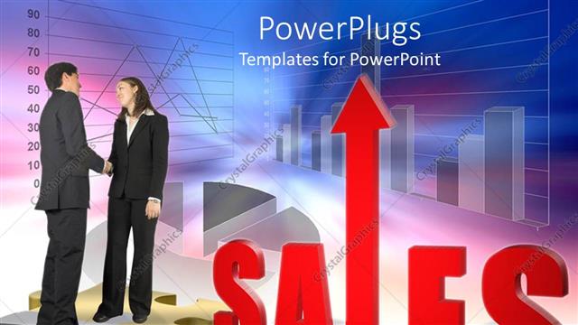  Presentation with shaking hands - Two business people shaking hands standing on puzzle pieces with a Sales text
