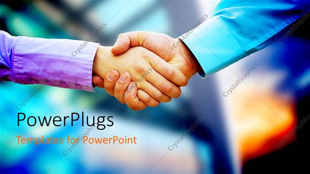  Presentation with shaking hands - Two business people shaking hands with blurred corporate background