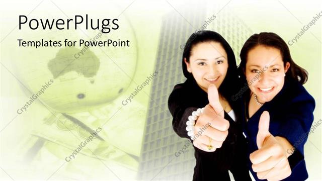  Presentation with business women - Two business women raising thumbs up beside sky scraper
