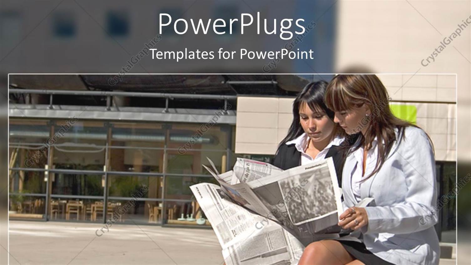 Featuring Two Business Women Sitting on a Bench in Front of Building Reading Newspapers
