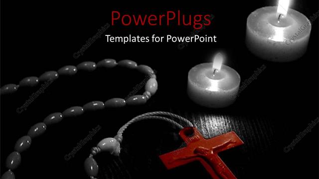  Presentation with rosary - Two candles and a rosary on a black surface