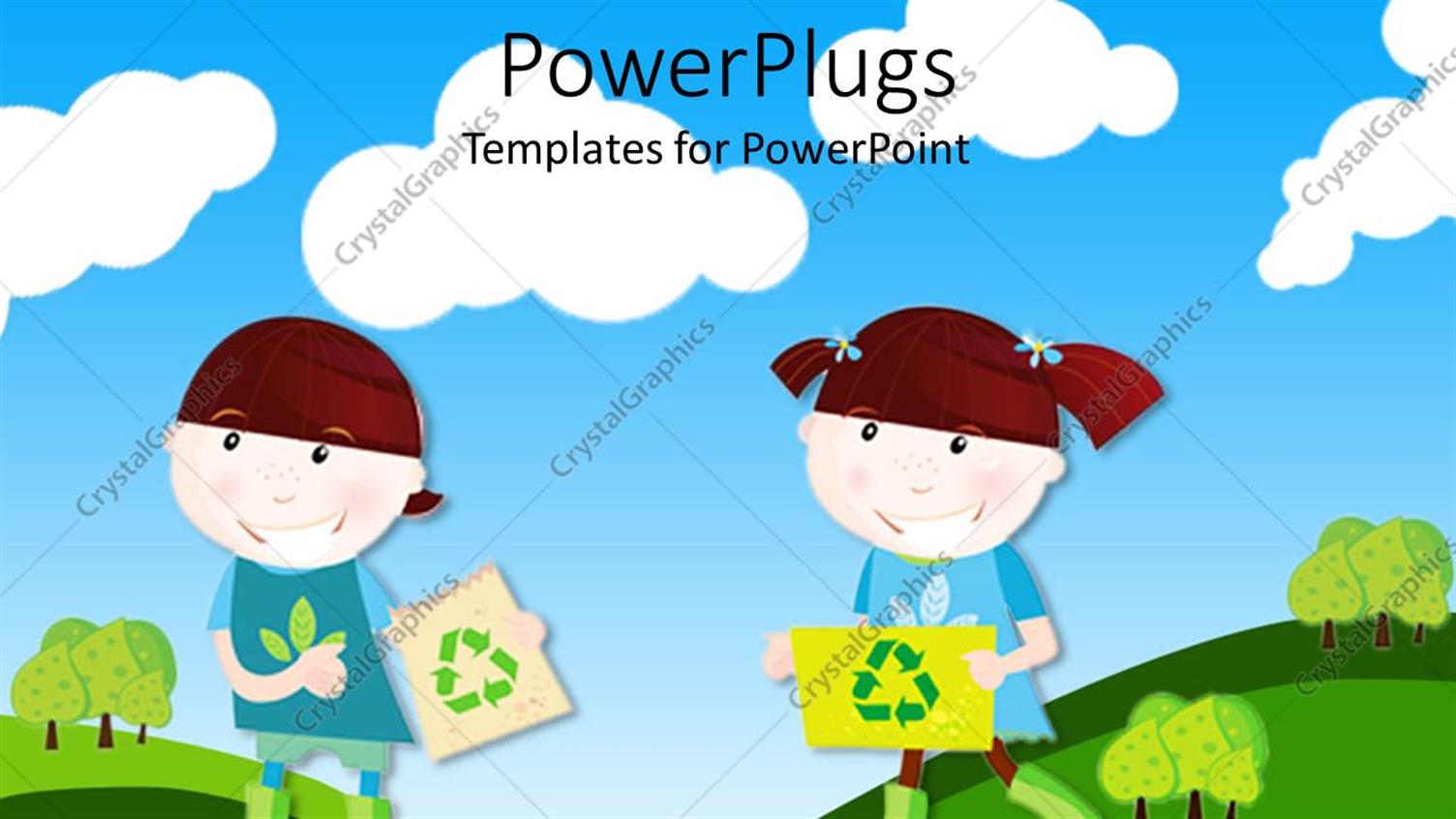 Featuring Two Cartoon Character Chidren  holding Recycle Signs and Smiling