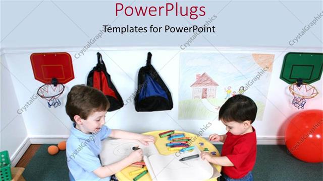  Presentation with crayons - Two children playing with crayons and books in a class room