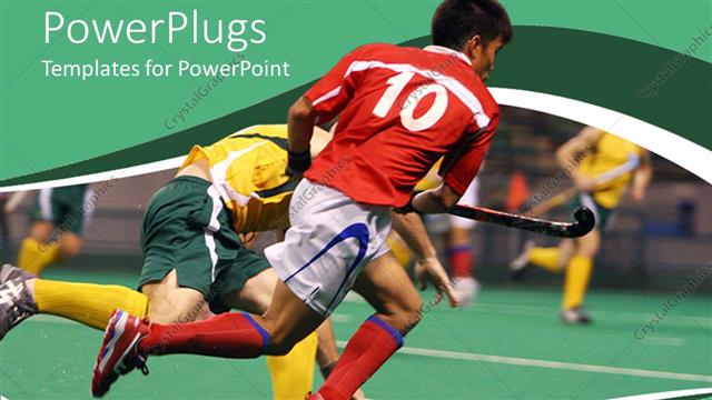  Presentation with field hockey - Two competing male players playing hockey on green field