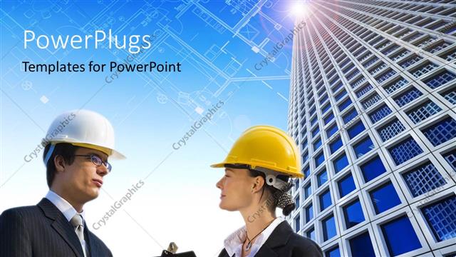  Presentation with construction - Two construction workers with a skyscraper in the background