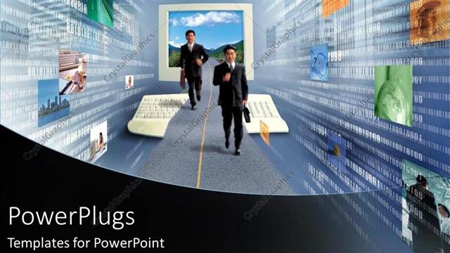  Presentation with way - Two corporate business men walking on a digital hall way