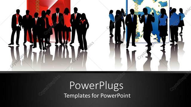  Presentation with business cards - Two credit cards with business people grouped in front of then in blue and red