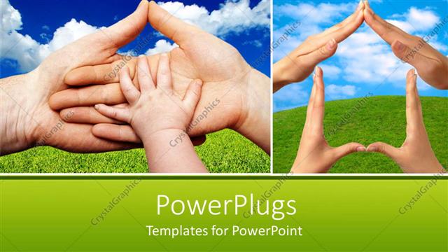  Presentation with family - Two depictions of hands, dad, mom and kid hands stacked on each other, four hands creating the shape of a house