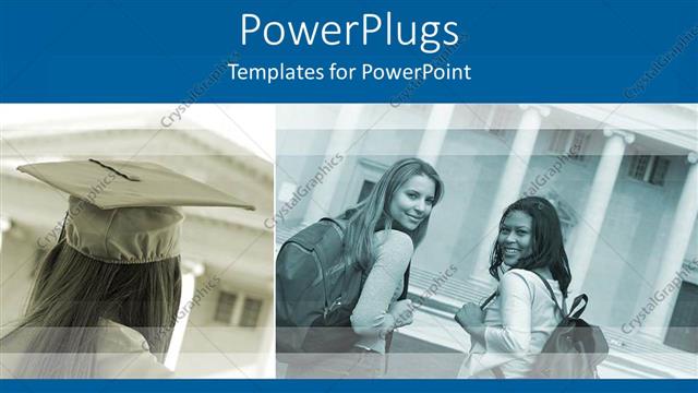  Presentation with university - Two depictions of university students, one graduating girl with graduation cap and two girl students with school bags smiling at the camera