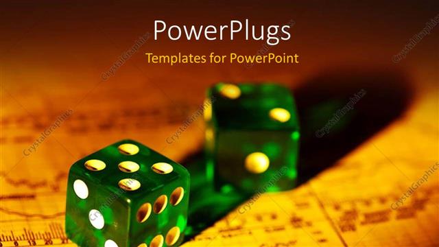  Presentation with financial report - Two dices with  financial report in the background