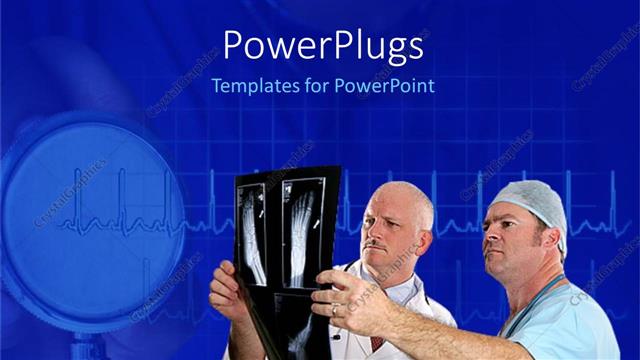 Presentation with heartbeat - Two doctors consulting x-ray report of foot, magnifying glass and heartbeat line on blue background