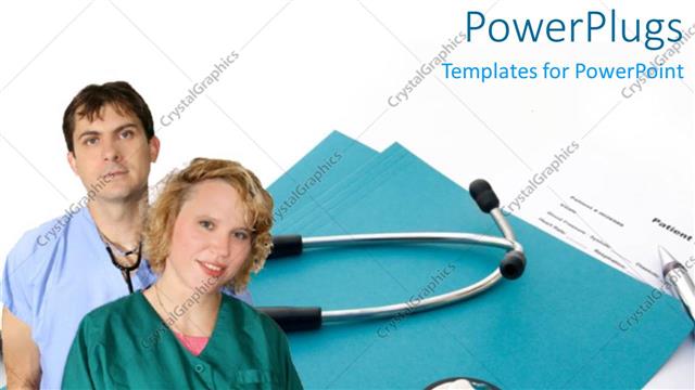  Presentation with files - Two doctors with files and stethoscope in the background